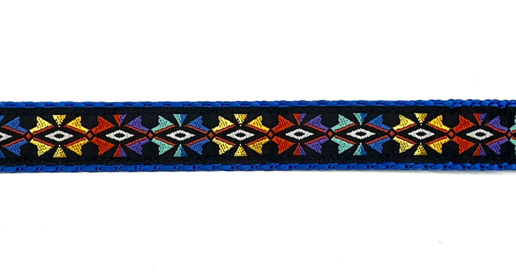 Black with Yellow Blue Green Purple and Red Geometric Design Dog Collar 3/4 inch on blue webbing