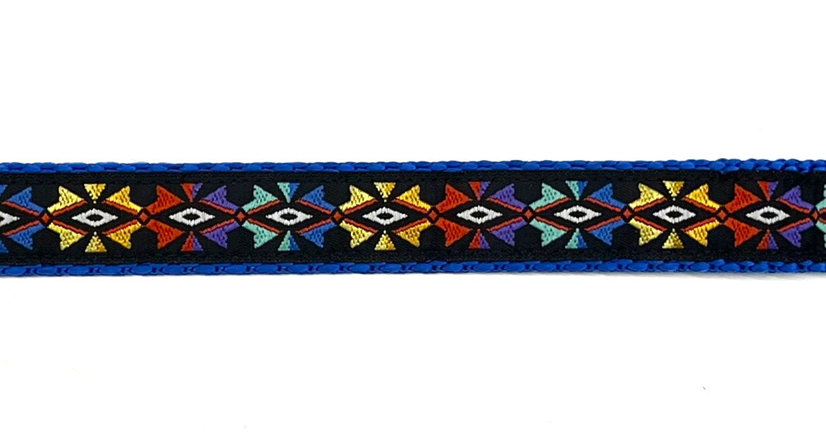 Black with Yellow Blue Green Purple and Red Geometric Design Dog Collar 3/4 inch on blue webbing