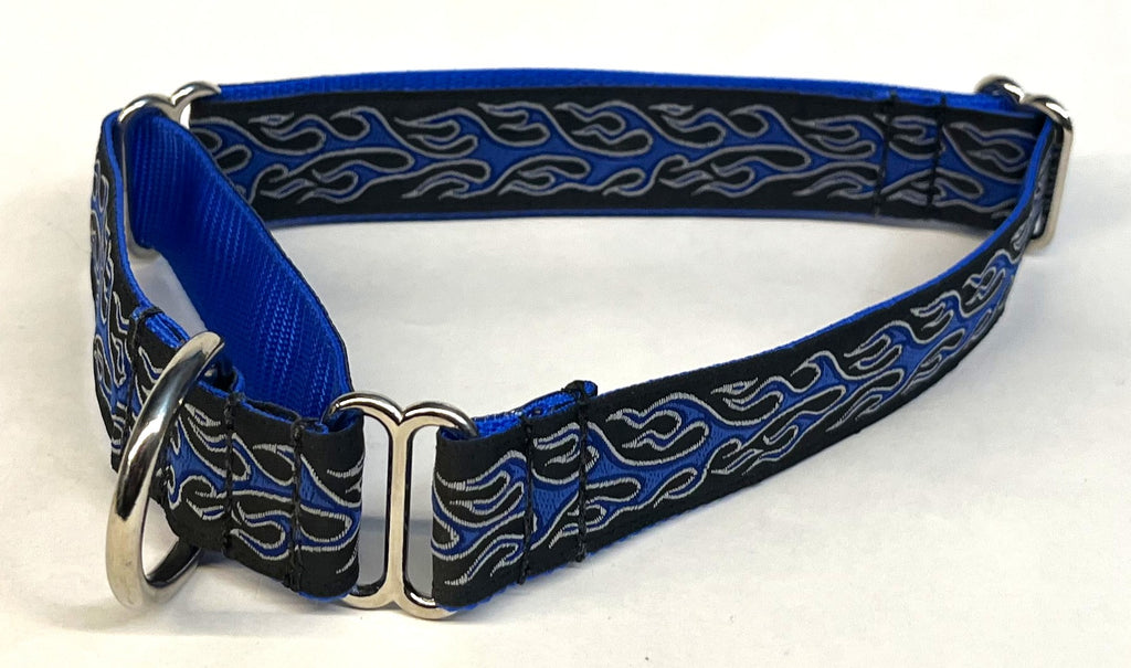 Black with Blue Flames Martingale Collar 1in