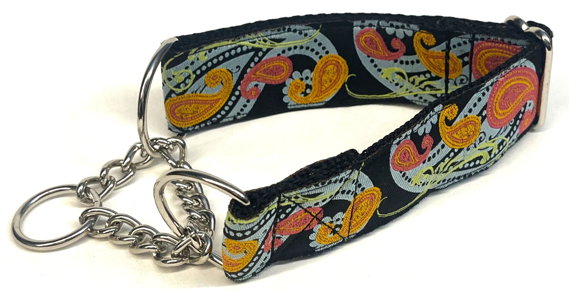 Black with Blue, Pink, Orange, and Green Paisley Chain Martingale Collar 1 1/2 in