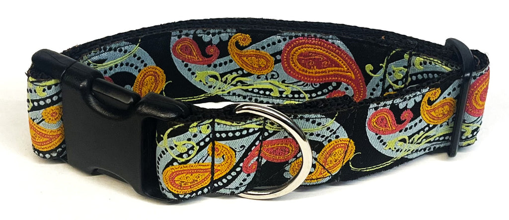 Black with Blue, Pink, Orange, and Green Paisley Dog Collar 1 1/2 in