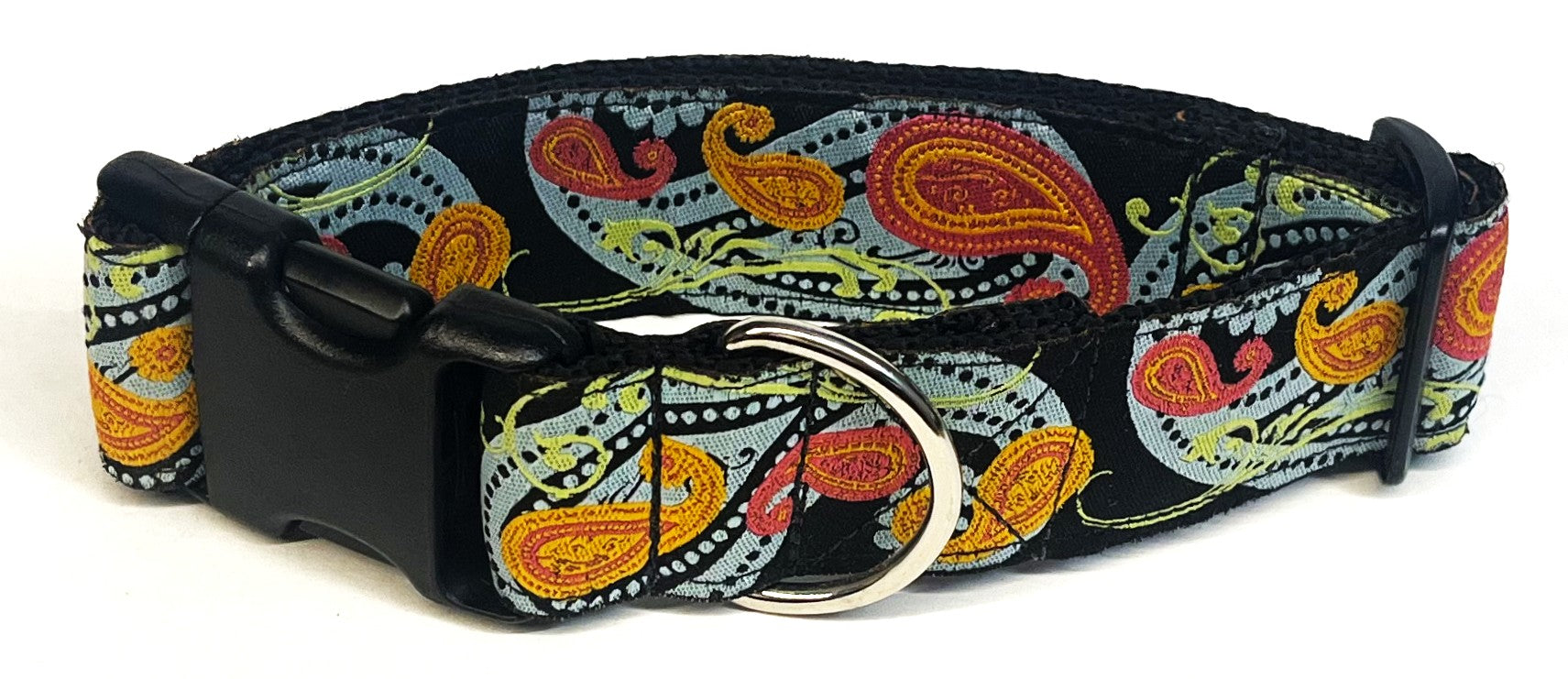 Black with Blue, Pink, Orange, and Green Paisley Dog Collar 1 1/2 in