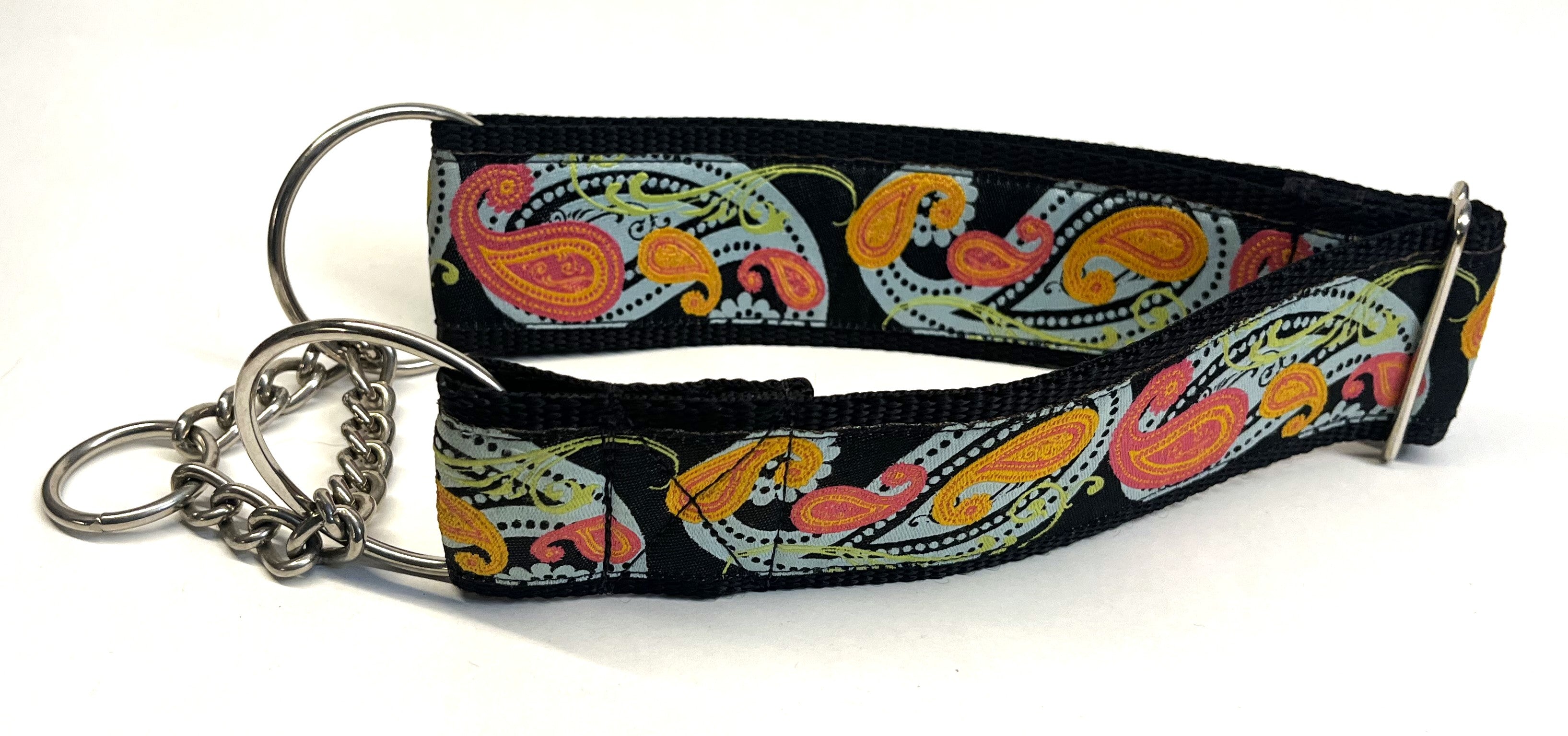 Black with Blue, Green, Pink, and Orange Paisley Design Chain Martingale Collar 2in