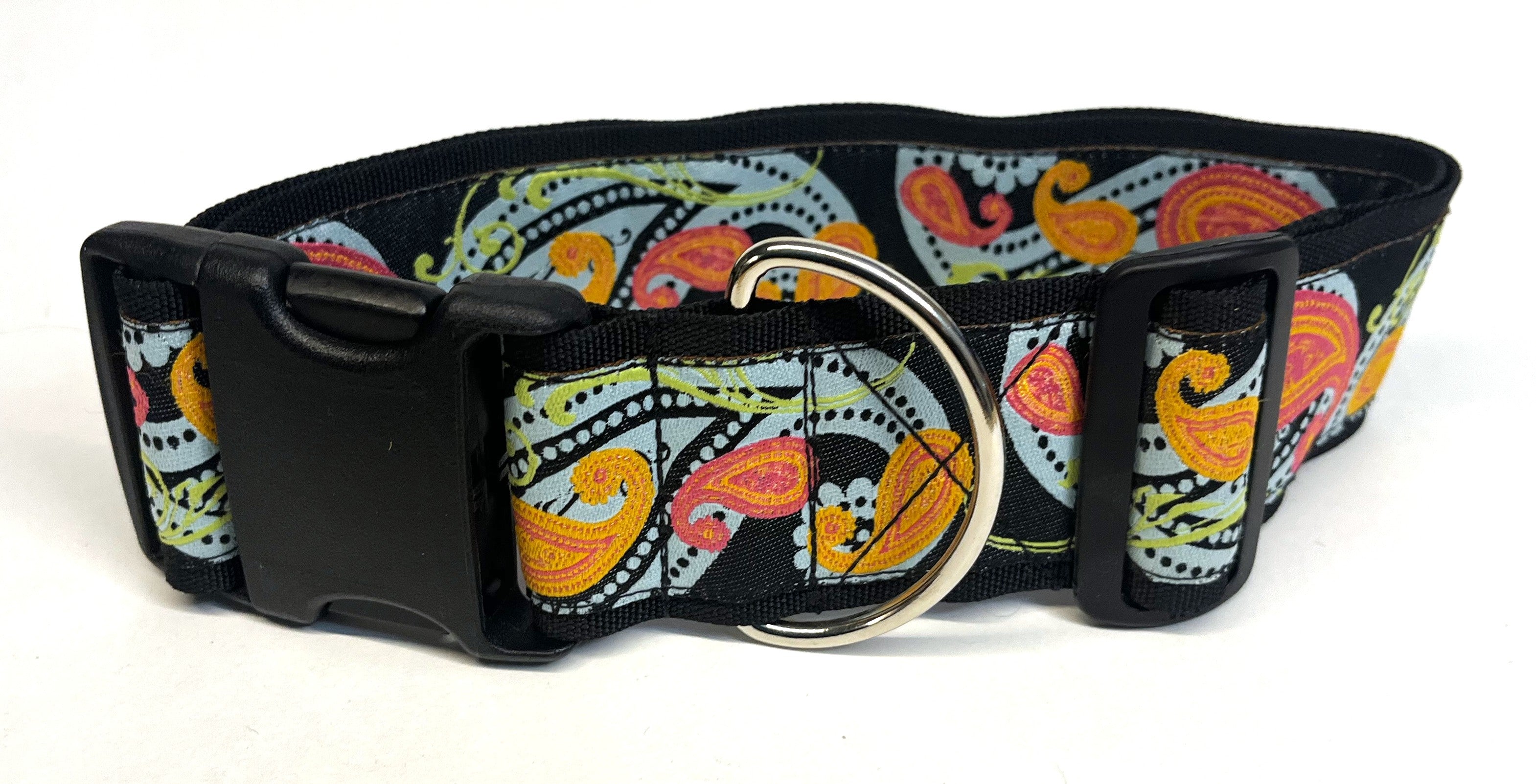 Black with Blue, Green, Pink, and Orange Paisley Design Dog Collar 2in