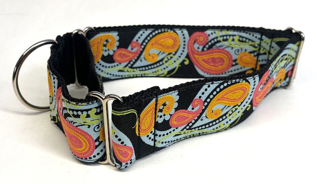 Black with Blue, Green, Pink, and Orange Paisley Design Martingale Collar 2in