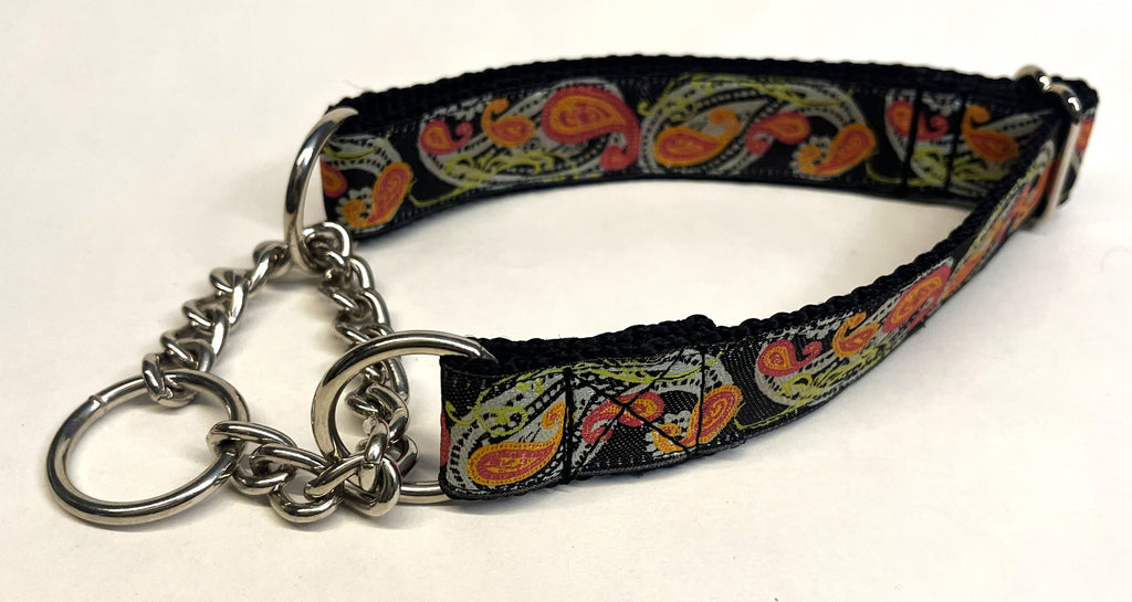 Black with Blue, Green, Pink, and Orange Paisley Chain Martingale Collar 1in