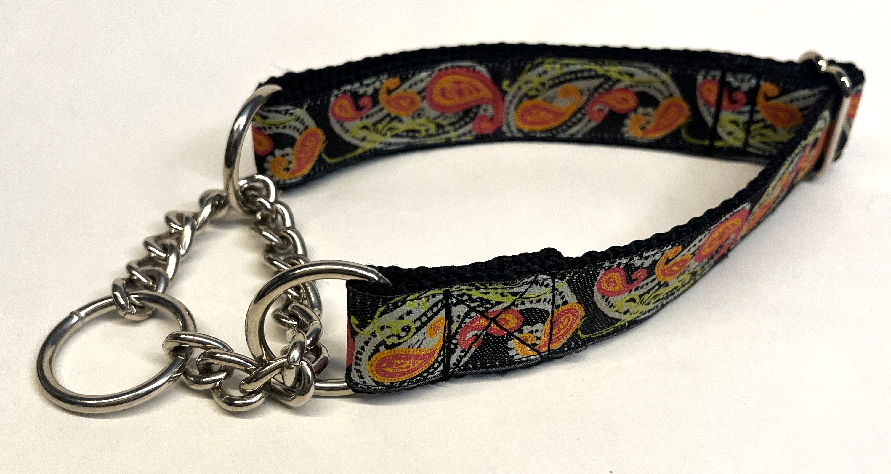 Black with Blue, Green, Pink, and Orange Paisley Chain Martingale Collar 1in
