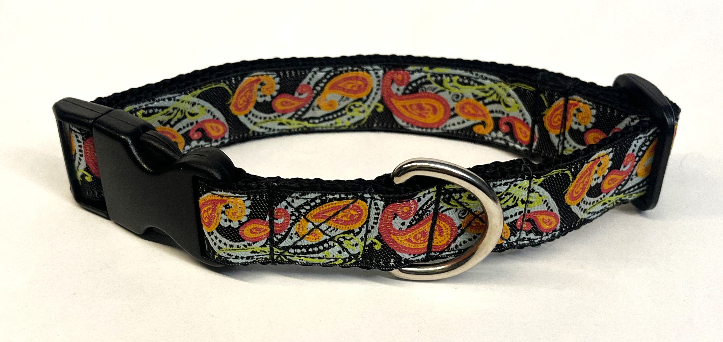 Black with Blue, Green, Pink, and Orange Paisley Dog Collar 1in