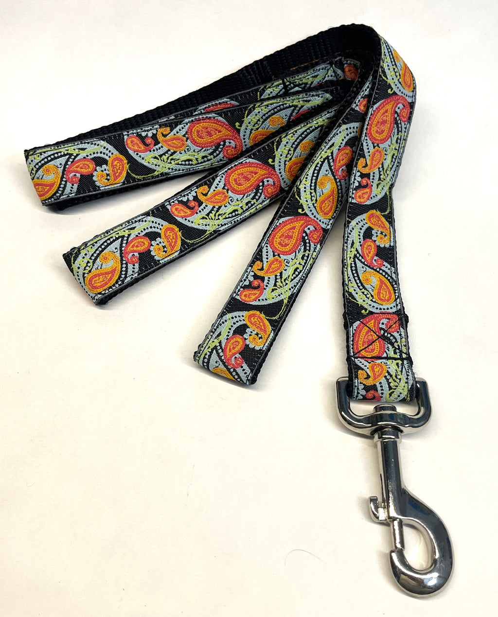 Black with Blue, Green, Pink, and Orange Paisley Dog Leash 1in