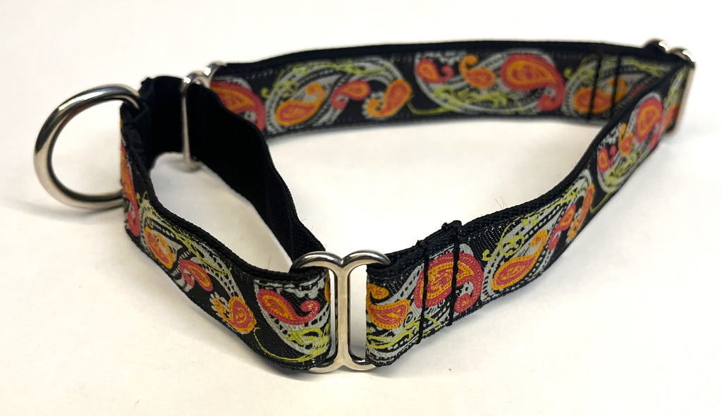 Black with Blue, Green, Pink, and Orange Paisley Martingale Collar 1in