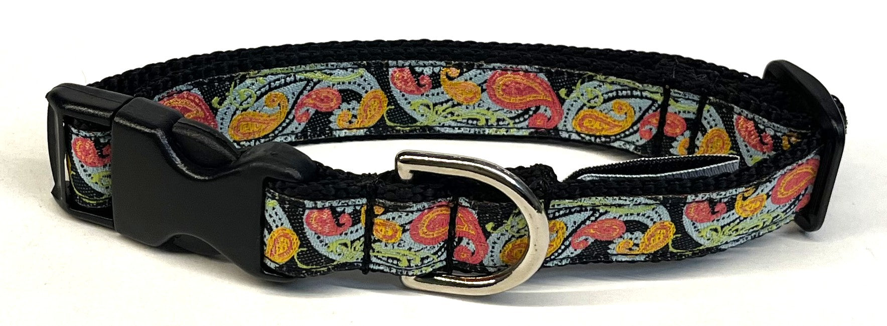 Black with Blue, Green, Pink, and Orange Paisley Design Dog Collar 3/4