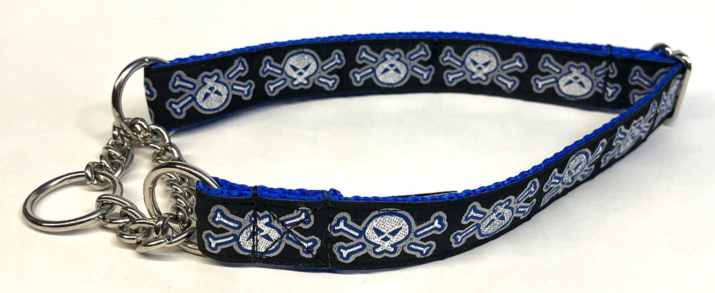 Black with Blue and Silver Skull and Crossbones Chain Martingale Collar 1in