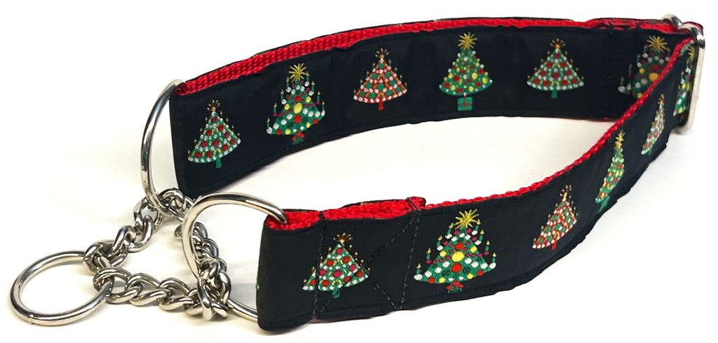 Black with Christmas Trees Chain Martingale Collar 1 1/2 in