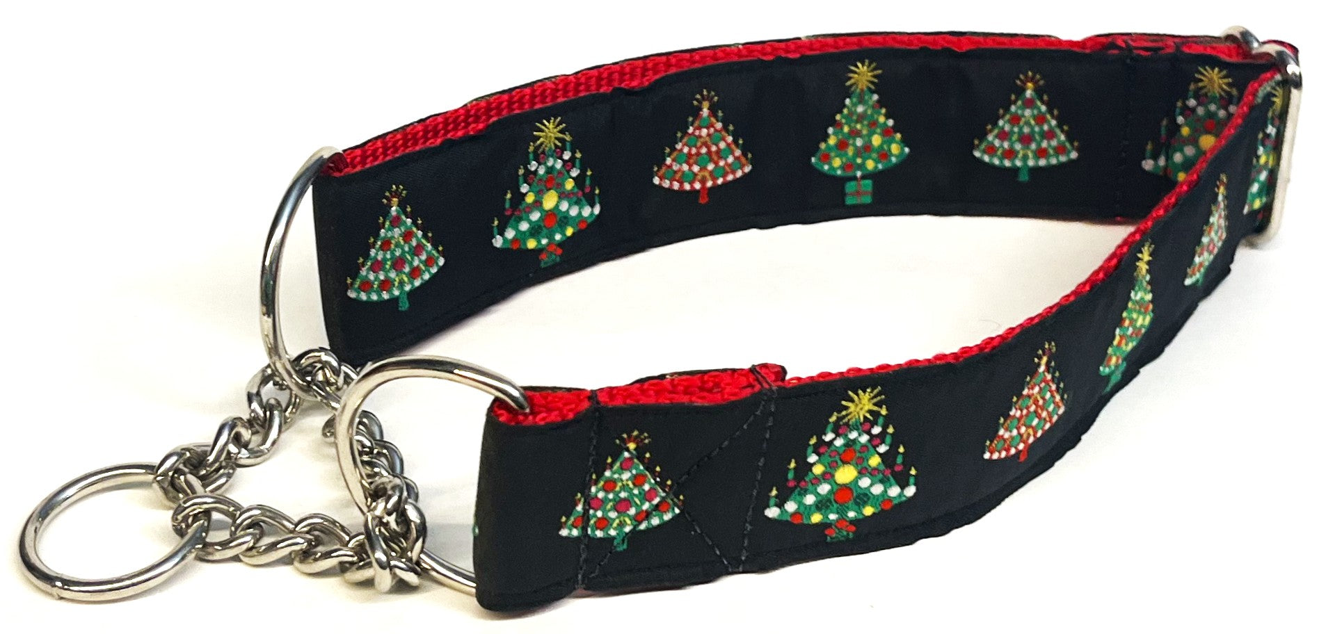 Black with Christmas Trees Chain Martingale Collar 1 1/2 in