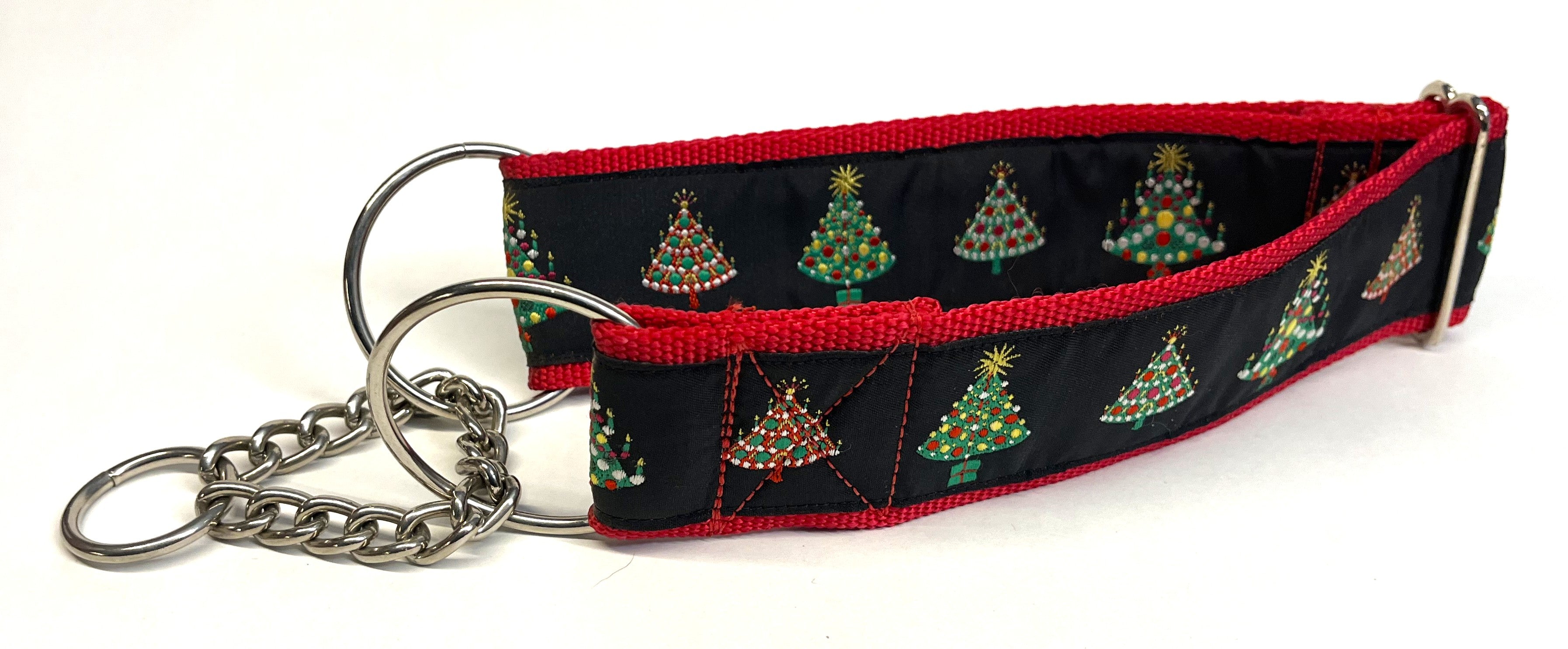 Black with Christmas Trees Chain Martingale Collar 2in