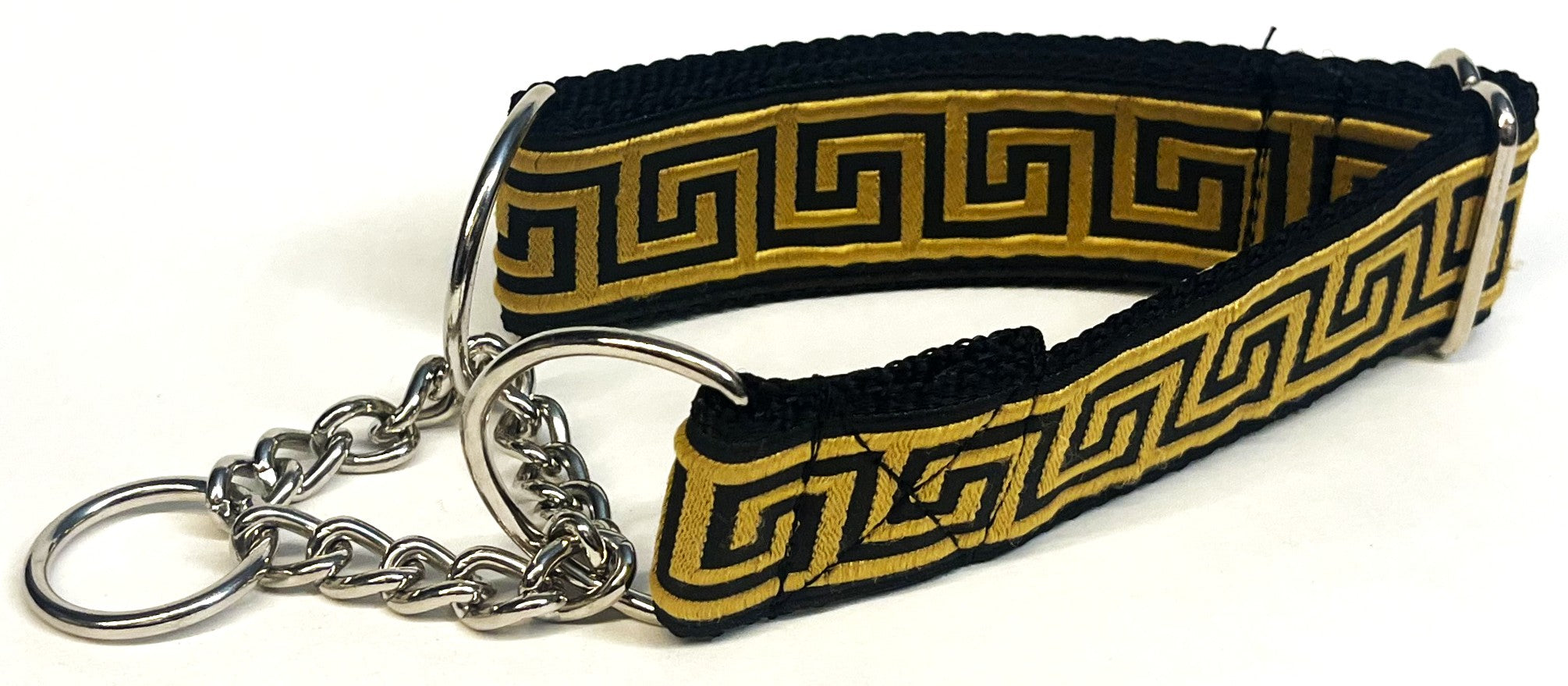 Black with Gold Greek Key Chain Martingale Collar 1 1/2 in