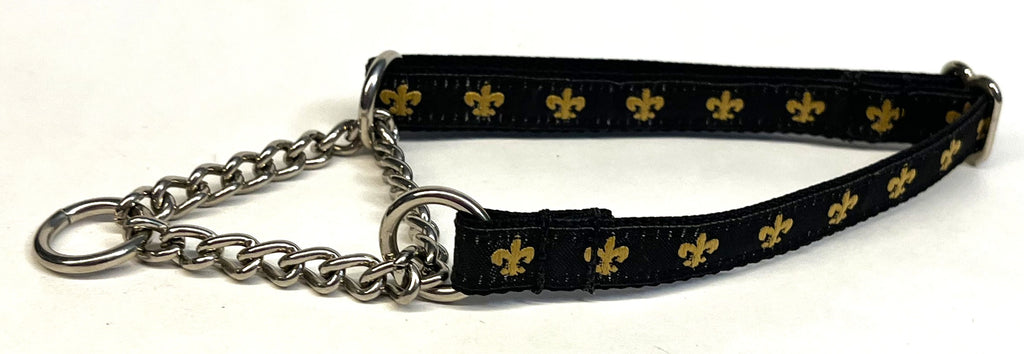 Black with Gold Fleur de Lis Chain Martingale Collar 1/2
