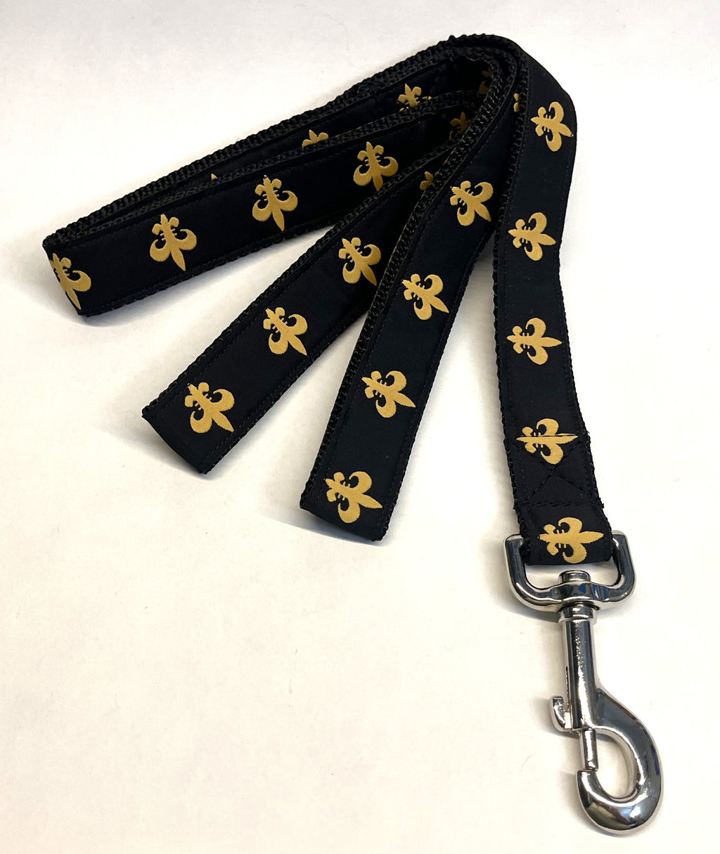 Black with Gold Fleur De Lis Dog Leash 1in