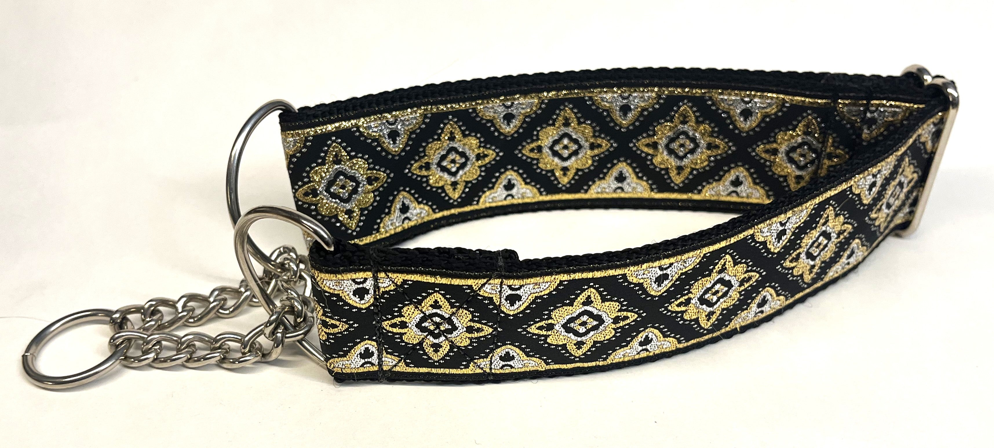 Black with Gold and Silver Fancy Diamond Pattern Chain Martingale Collar 2in