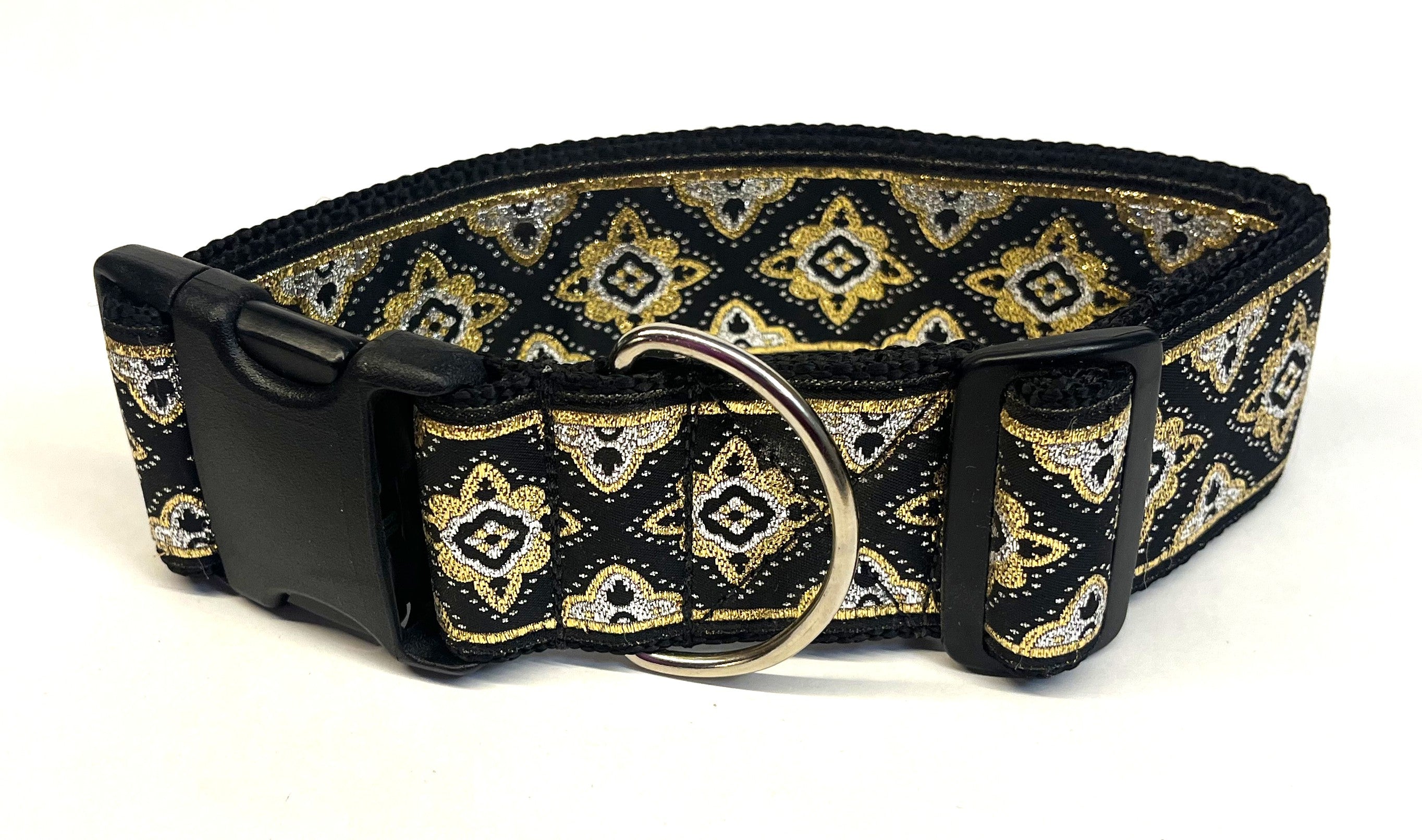Black with Gold and Silver Fancy Diamond Pattern Dog Collar 2in