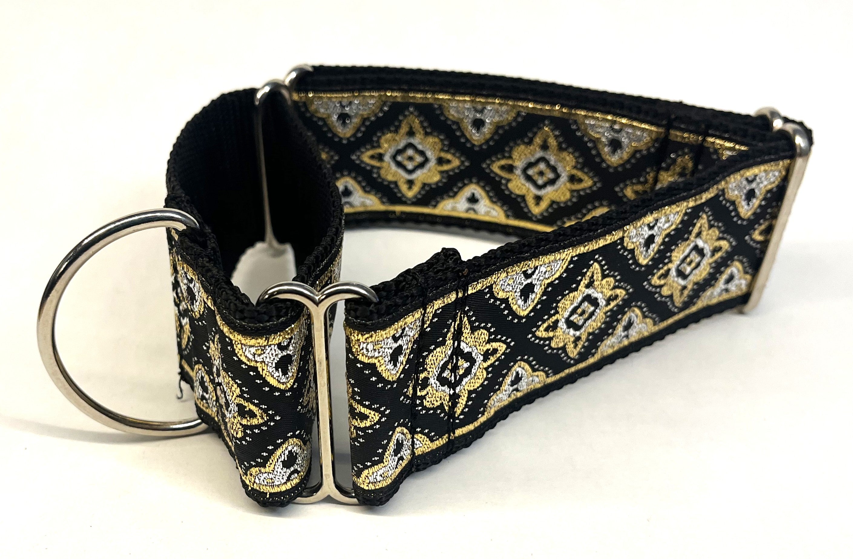 Black with Gold and Silver Fancy Diamond Pattern Martingale Collar 2in
