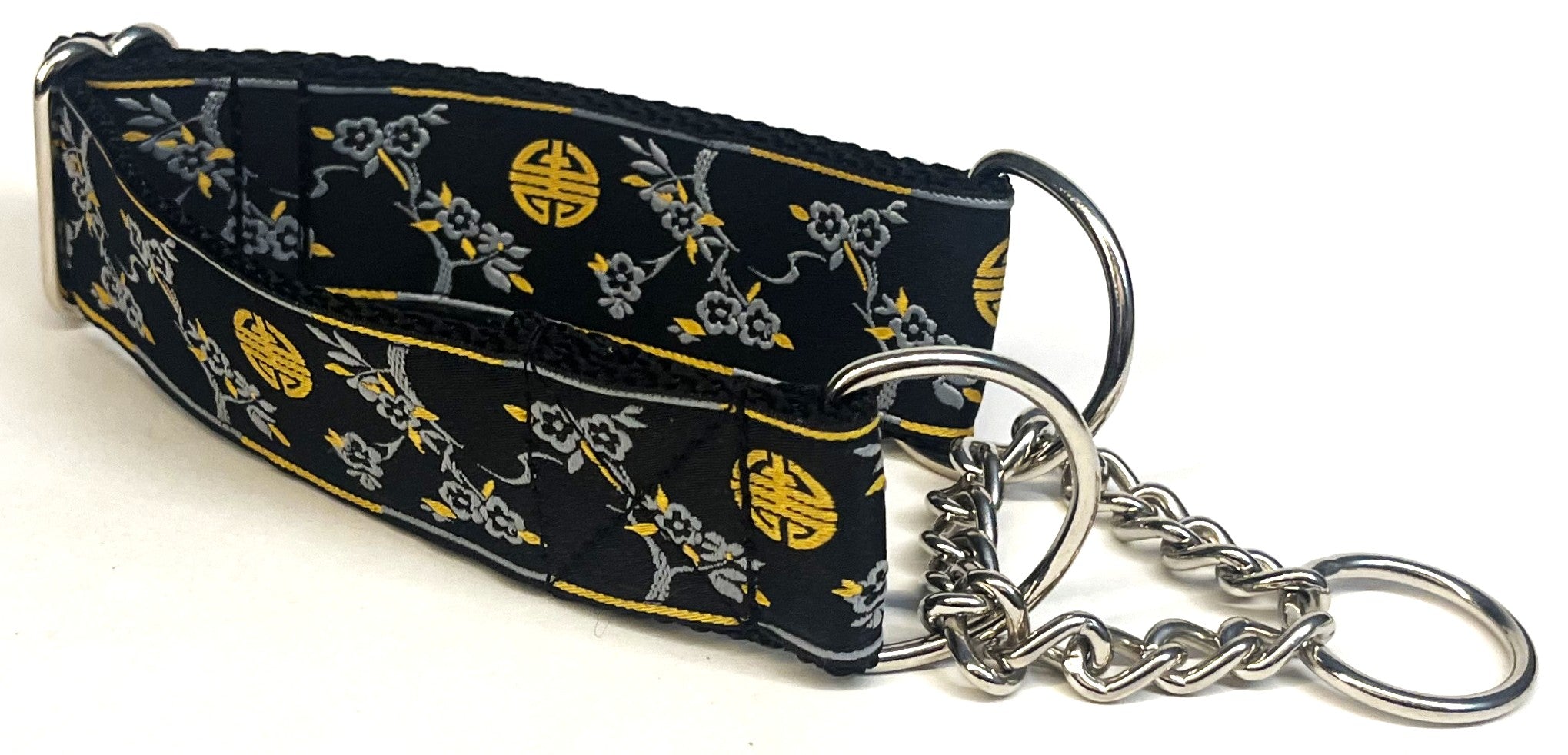 Black with Gray and Gold Tree and Symbol Chain Martingale Collar 1 1/2 in
