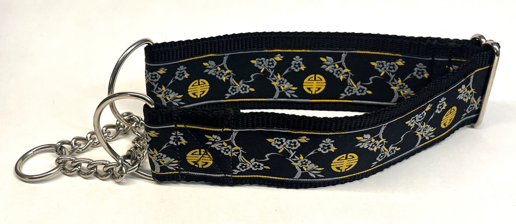 Black with Gray and Gold Cherry Blossom and Symbol Chain Martingale Collar 2in