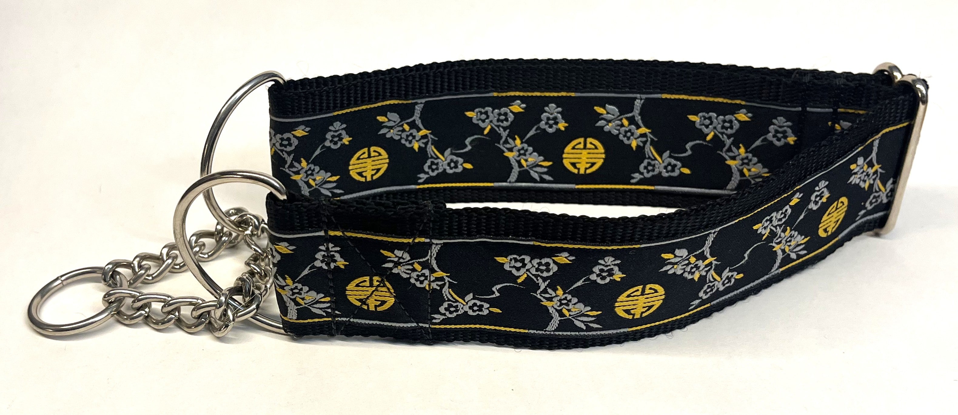 Black with Gray and Gold Cherry Blossom and Symbol Chain Martingale Collar 2in