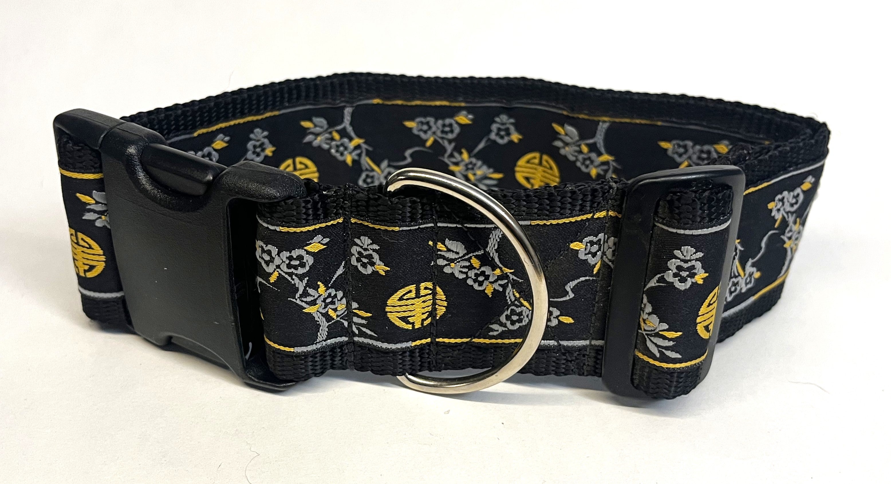 Black with Gray and Gold Cherry Blossom and Symbol Dog Collar 2in