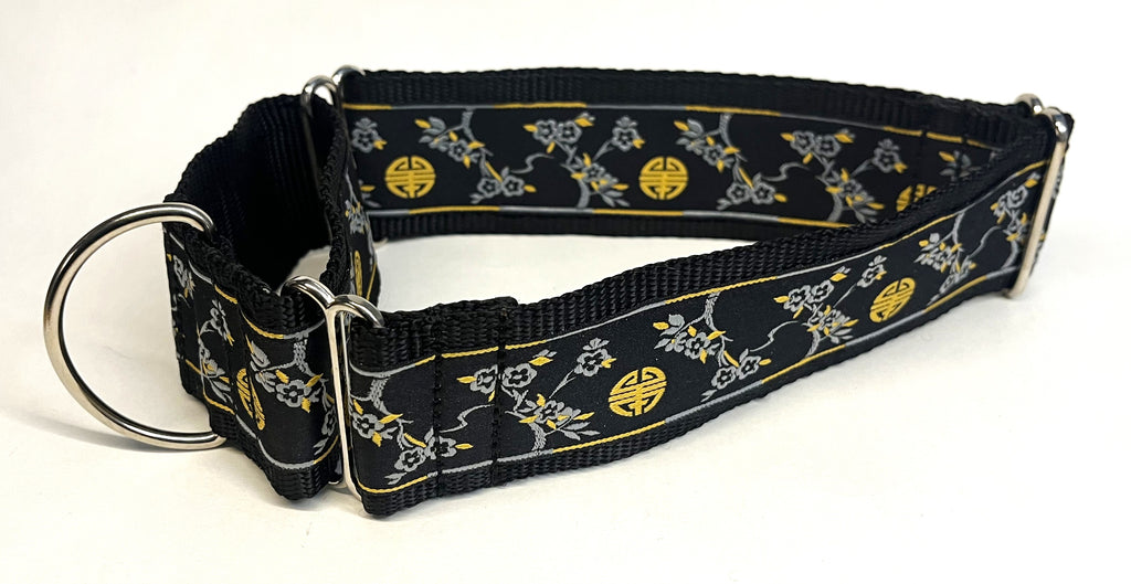 Black with Gray and Gold Cherry Blossom and Symbol Martingale Collar 2in