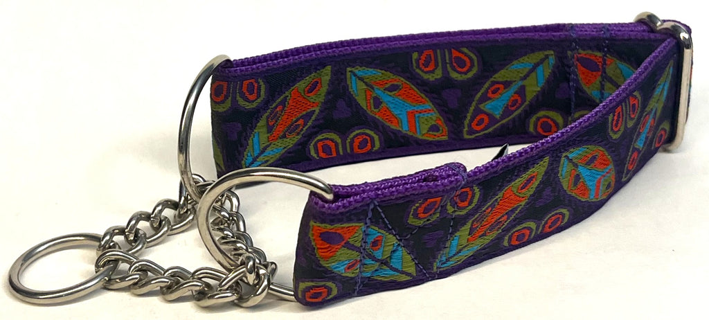 Black with Green, Blue, Red, and Purple Leaf Designs Chain Martingale Collar 1 1/2 in