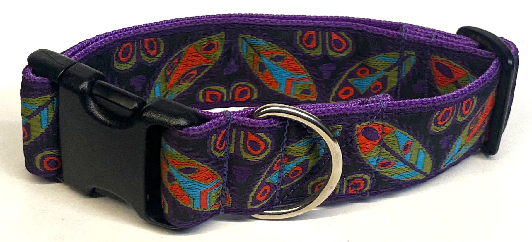 Black with Green, Blue, Red, and Purple Leaf Designs Dog Collar 1 1/2 in