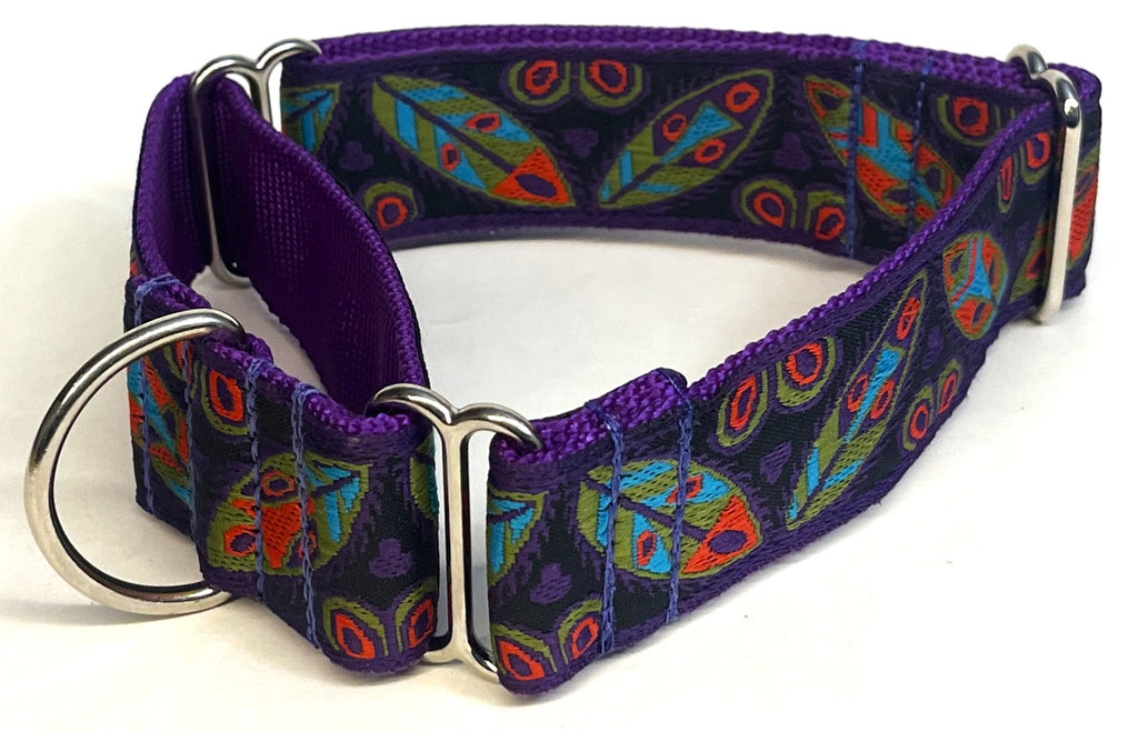 Black with Green, Blue, Red, and Purple Leaf Designs Martingale Collar 1 1/2 in