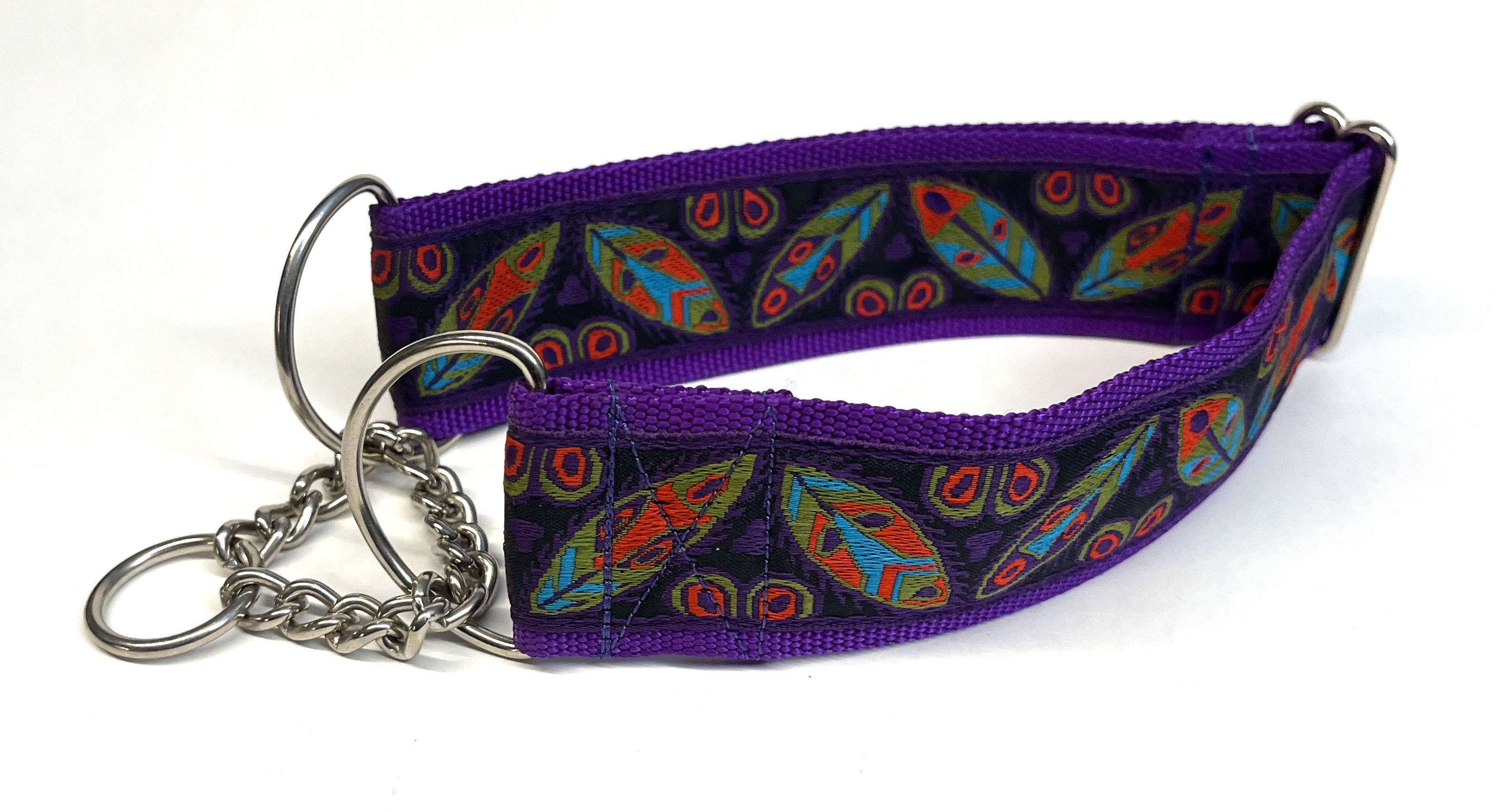 Black with Olive, Blue, Orange, and Purple Leaf Design Chain Martingale Collar 2in