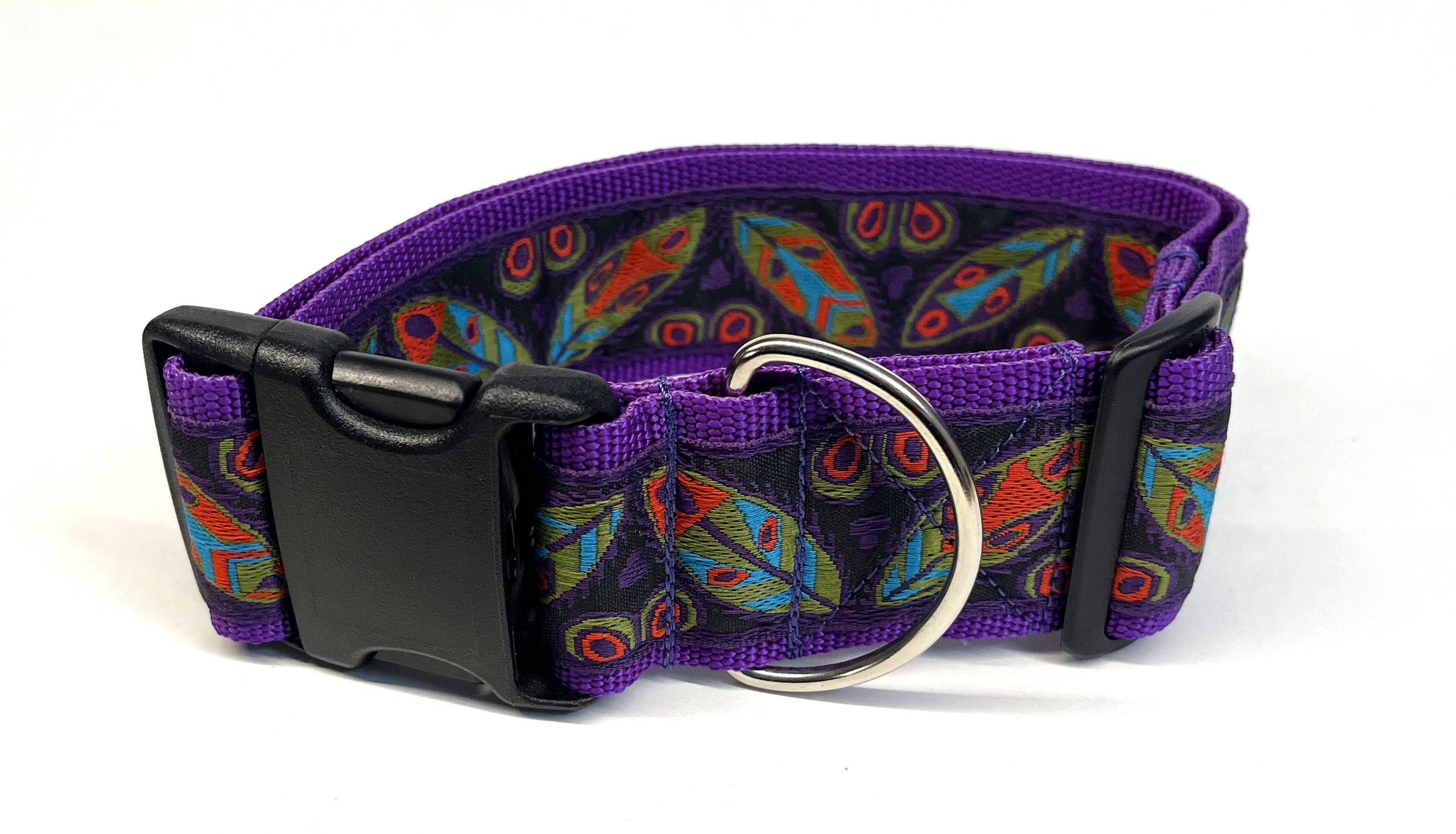 Black with Olive, Blue, Orange, and Purple Leaf Design Dog Collar 2in