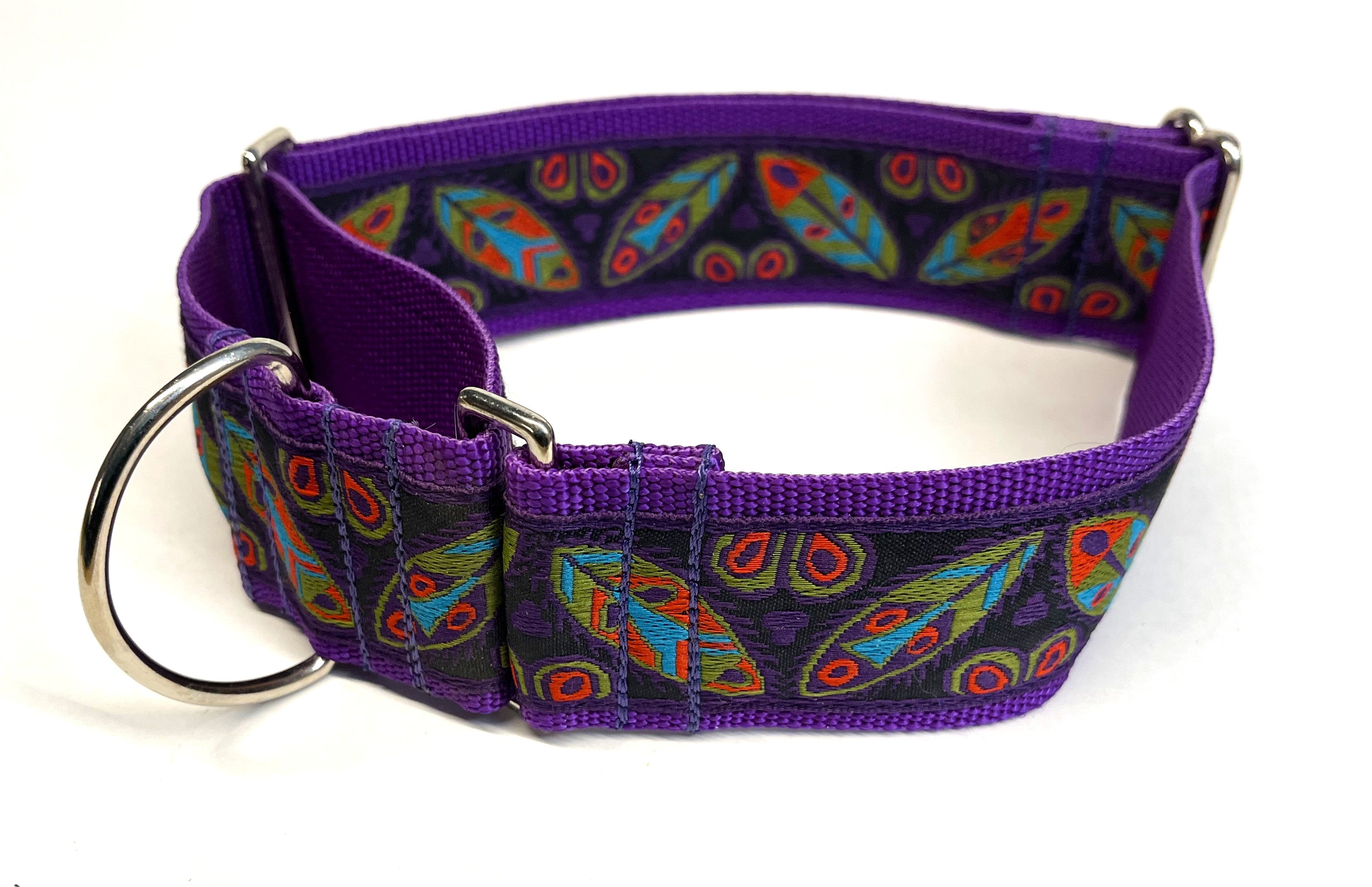 Black with Olive, Blue, Orange, and Purple Leaf Design Martingale Collar 2in