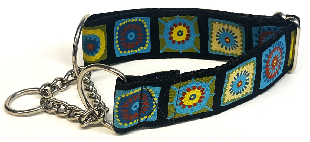 Black with Green, Blue, and Red Square Designs Chain Martingale Collar 1 1/2 in