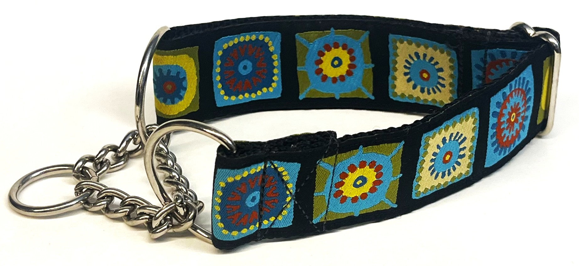 Black with Green, Blue, and Red Square Designs Chain Martingale Collar 1 1/2 in