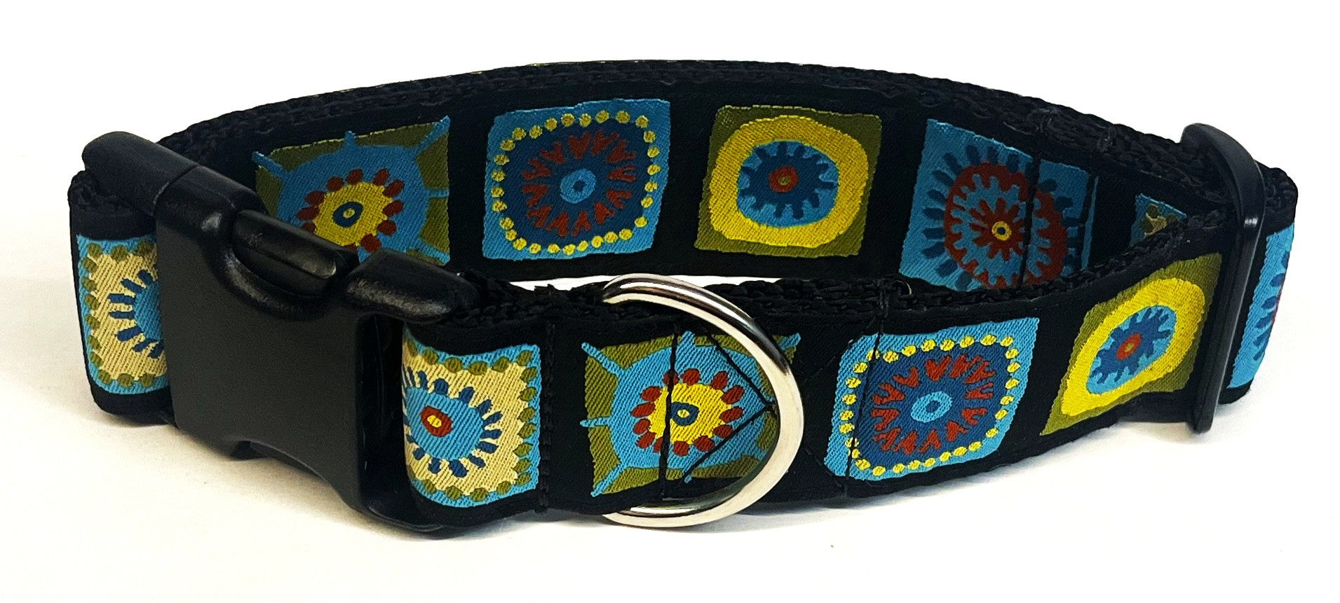 Black with Green, Blue, and Red Square Designs Dog Collar 1 1/2 in