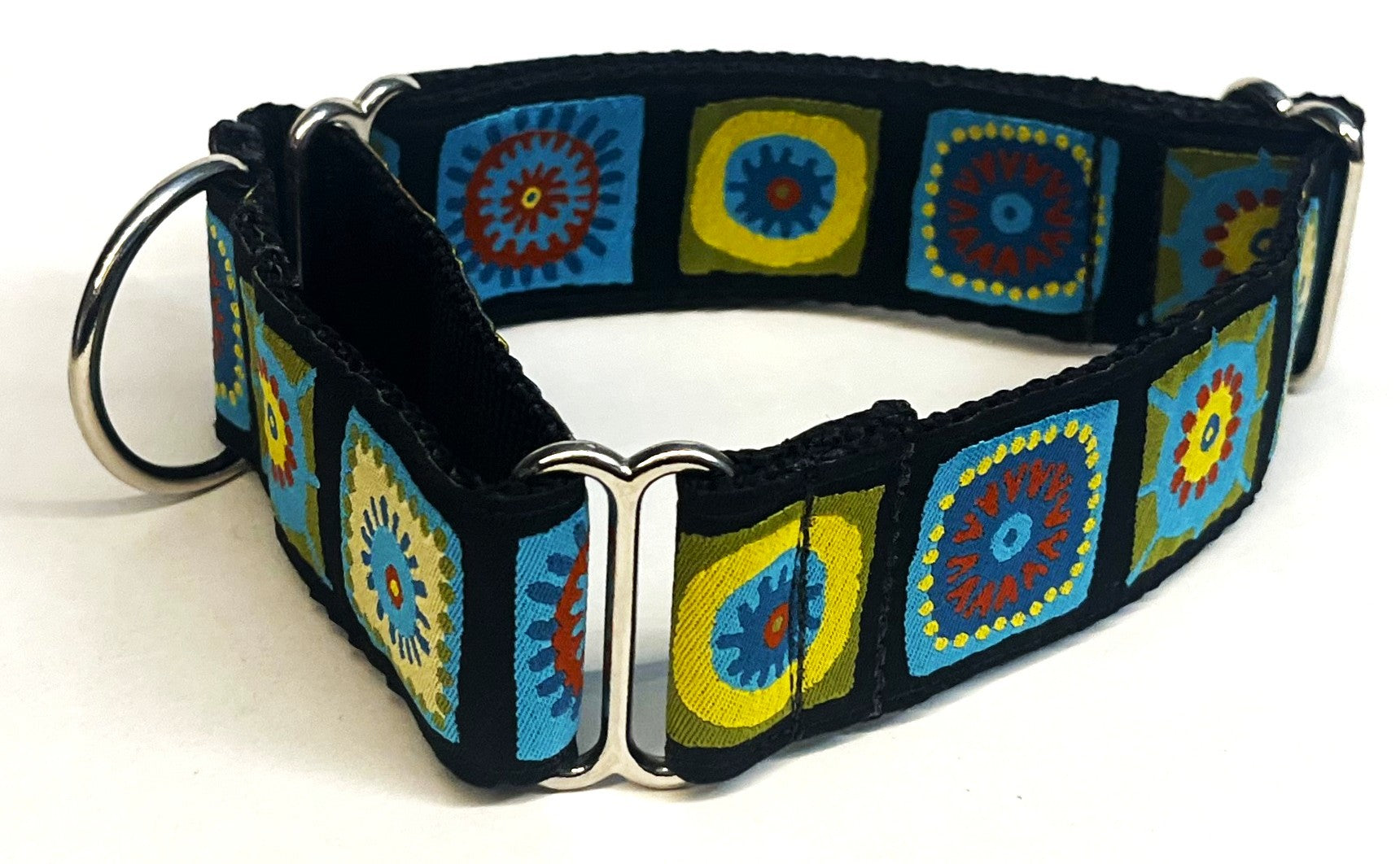 Black with Green, Blue, and Red Square Designs Martingale Collar 1 1/2 in