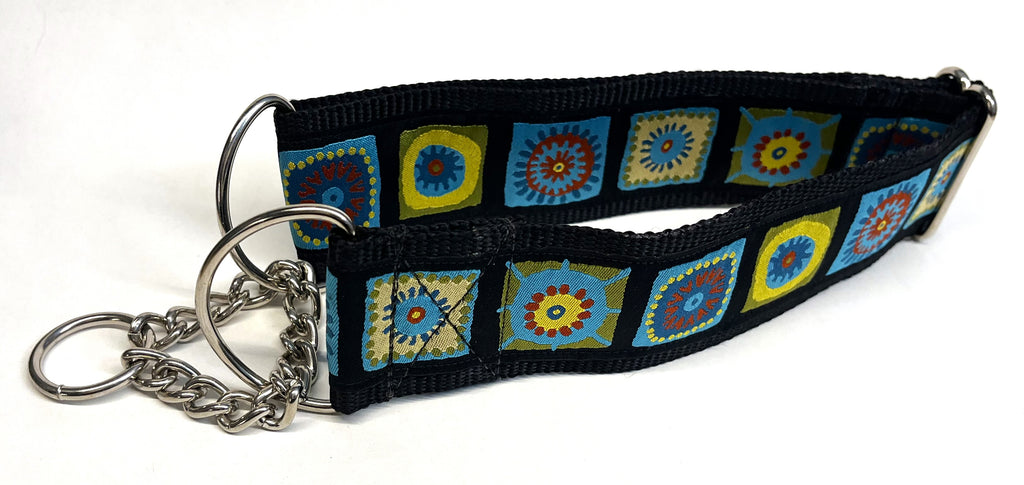 Black with Blue, Green, Yellow, and Red Square Medallion Chain Martingale Collar 2in