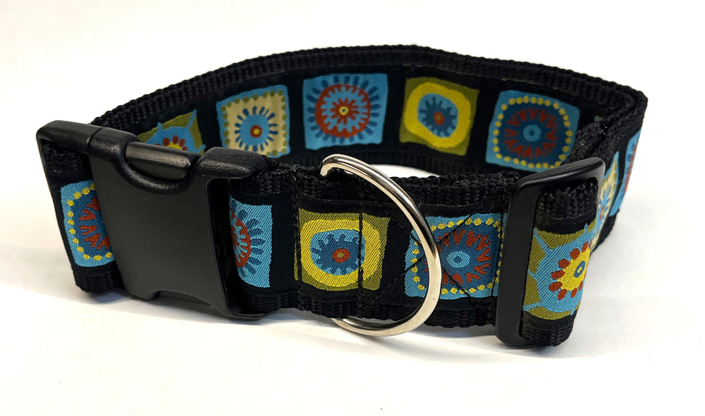 Black with Blue, Green, Yellow, and Red Square Medallion Dog Collar 2in