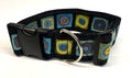Black with Blue, Green, Yellow, and Red Square Medallion Dog Collar 2in