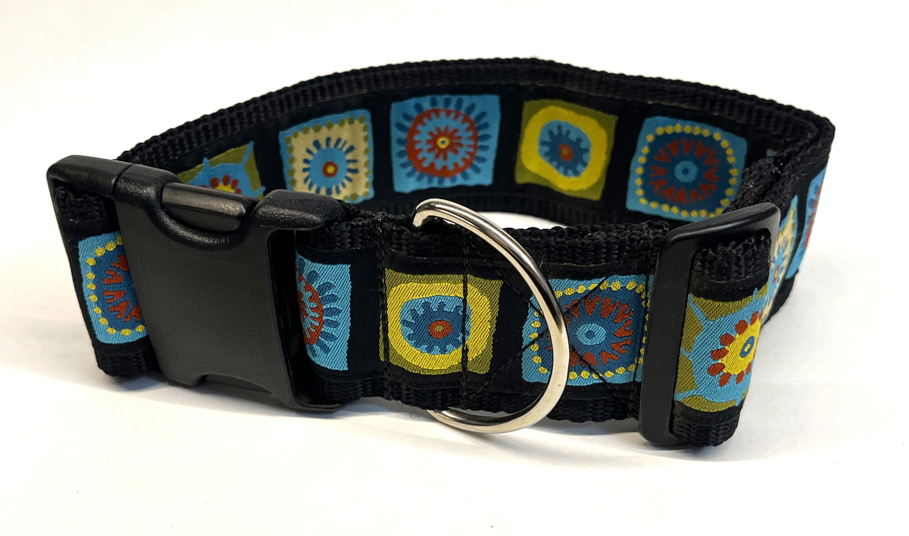 Black with Blue, Green, Yellow, and Red Square Medallion Dog Collar 2in