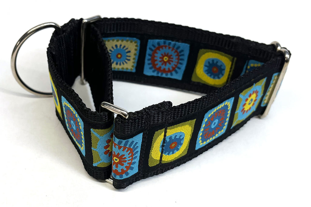 Black with Blue, Green, Yellow, and Red Square Medallion Martingale Collar 2in