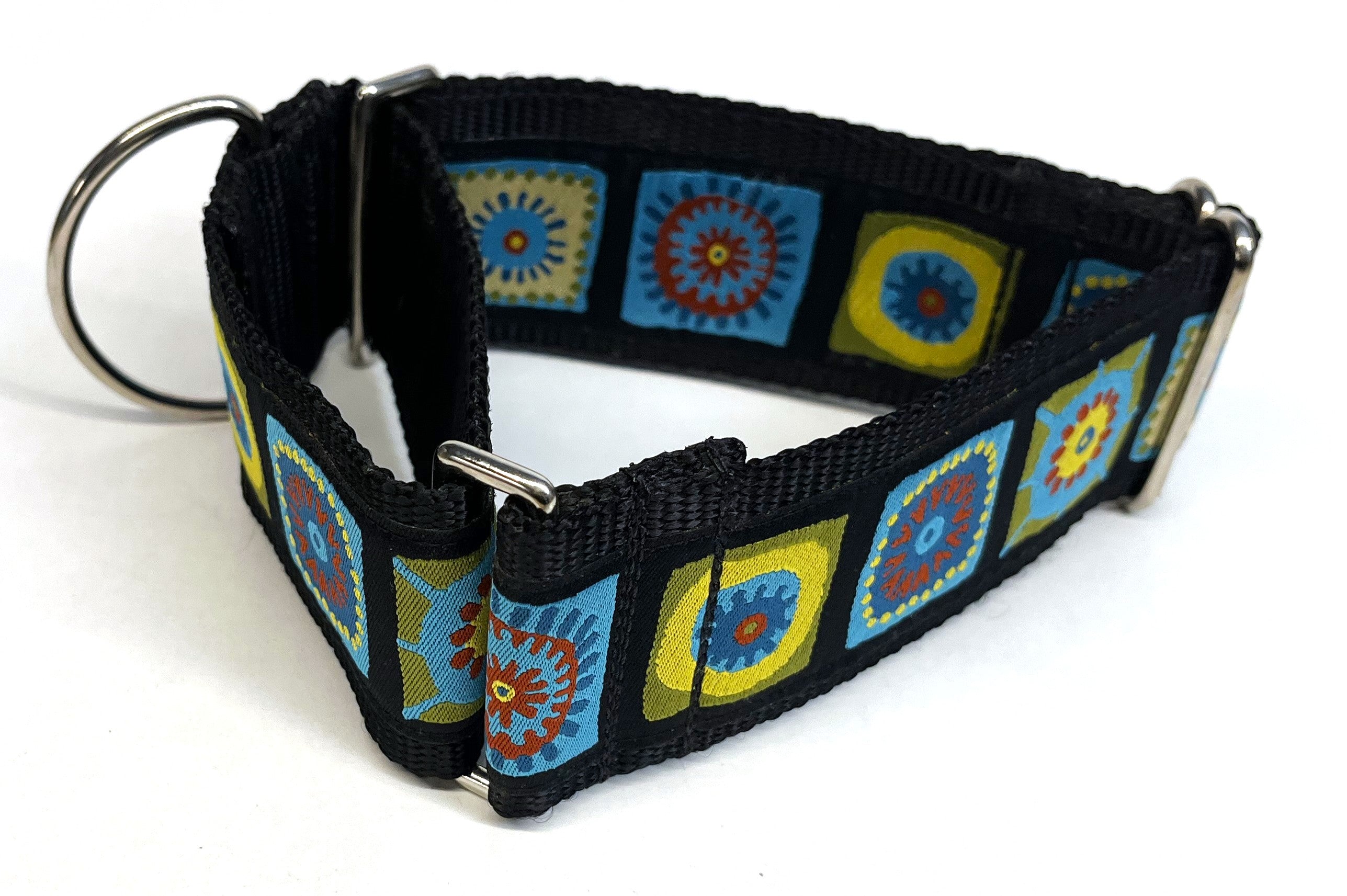 Black with Blue, Green, Yellow, and Red Square Medallion Martingale Collar 2in