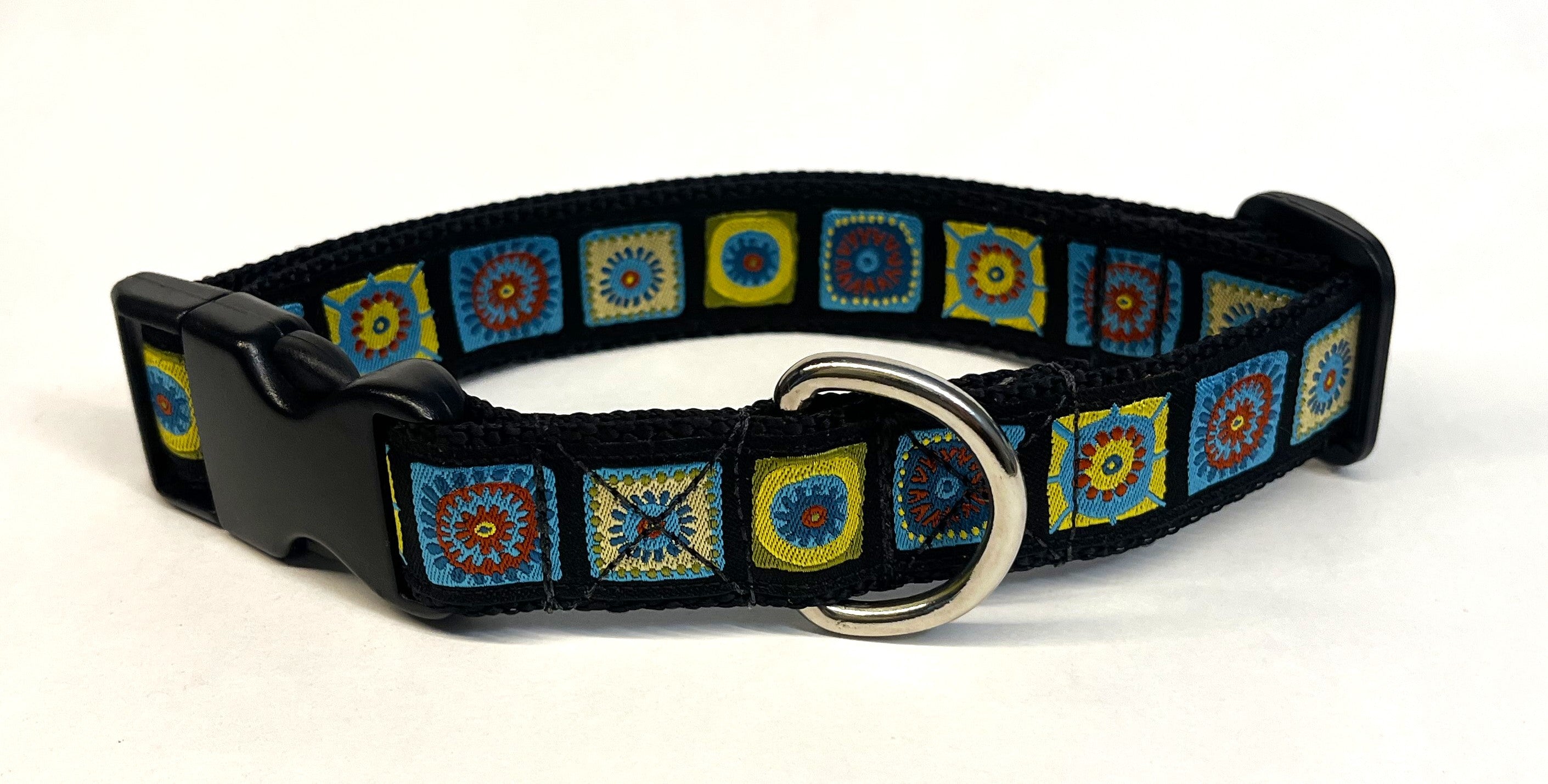 Black with Green Blue and Red Square Designs Dog Collar 1in
