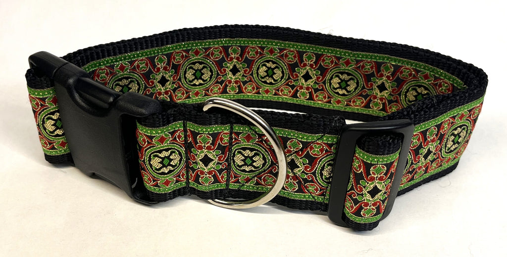 Black with Green, Red, and Gold Elegant Pattern Dog Collar 2in