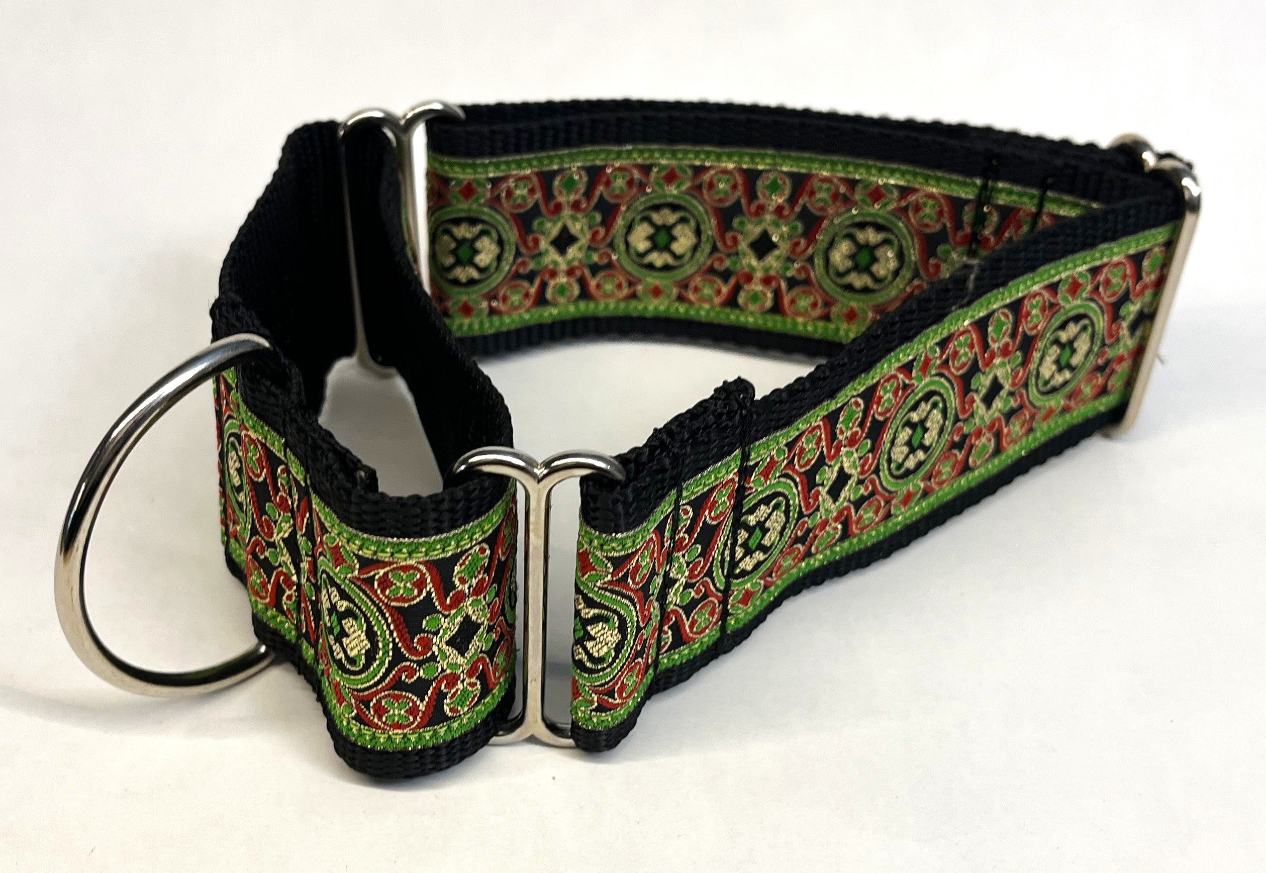 Black with Green, Red, and Gold Elegant Pattern Martingale Collar 2in