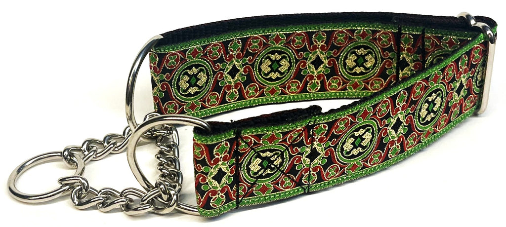 Black with Green, Red, and Gold Elegant Pattern Chain Martingale Collar 1 1/2 in